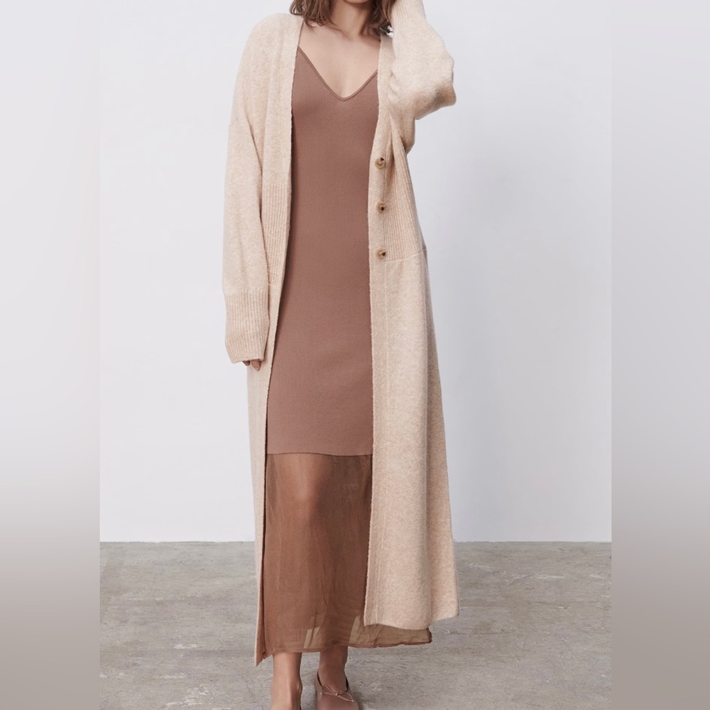 ZARA Beige Wool Blend Long Cardigan Sweater - Size M - Picture 8 of 9
